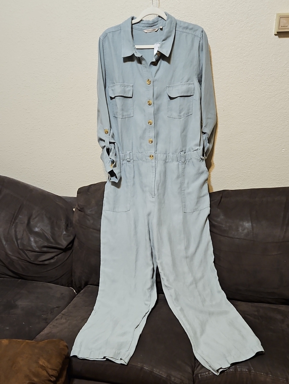 Soft Surroundings Pale Green Linen Blend Button-Front Utility Jumpsuit